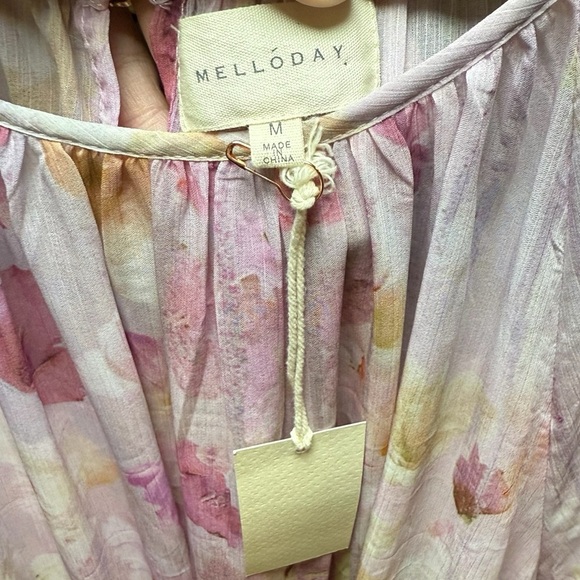 Melloday Pink Floral Tiered Mini Dress Boho Blouson Sleeve NWT Women’s M - Picture 7 of 7